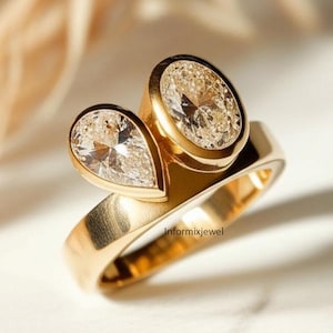 Two-Stone Bezel Set Ring, Oval & Pear Cut Colorless Moissanite Engagement Ring, 14K Yellow Gold Chunky Wide Band, Thick Band Wedding Ring