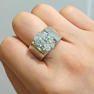 4 CT Oval Colorless Moissanite Engagement Ring, Cathedral Setting Band, Cigar Wide Band Ring, Solitaire Stackable Ring, 14K White Gold Ring