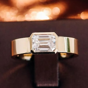 East To West Cigar Band, 14K Yellow Gold Bezel Set Wide Band, 3 CT Emerald Cut Colorless Moissanite Engagement Ring, Solitaire Wedding Ring
