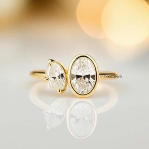 Oval Cut Colorless Moissanite Engagement Ring, Two Stone Bezel Set Ring, Toi Et Moi Oval Wedding Ring, 14K Solid Yellow Gold You & Me Ring