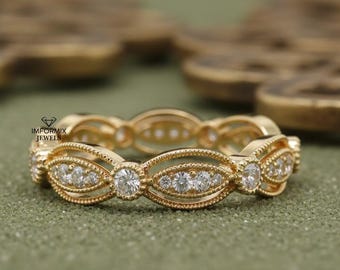 1930's Edwardian Band, Round Cut Lab Grown Diamond Wedding Band, Milgrain Full Eternity Band, Vintage Art Deco Band, 14K Yellow Gold Band