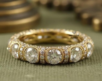 1890's Edwardian Band, Victorian Style Vintage Band, Round Cut Lab Grown Diamond Engagement Band, Full Eternity Stackable Band In 14K Gold