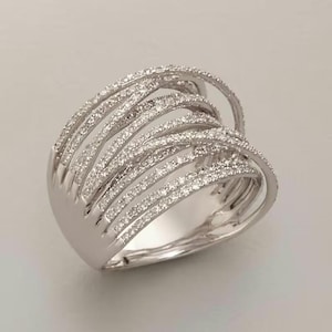 14K White Gold Multi Layered Ring, Round Colorless Moissanite Engagement Ring, Intertwined Crisscross Wedding Ring, Cocktail Stackable Ring