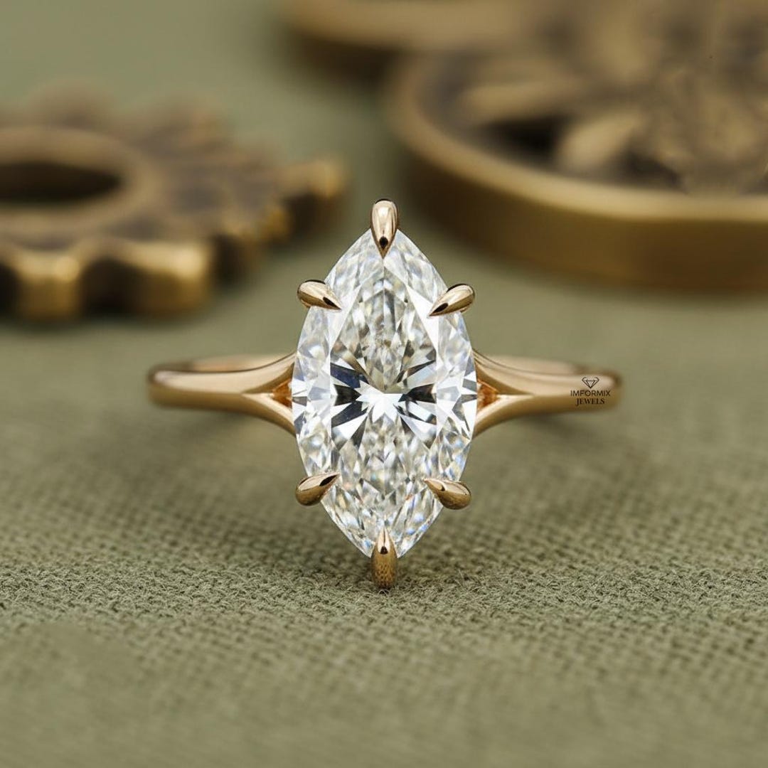 Marquise Cut Lab Grown Diamond Engagement Ring, 14K Solid Yellow Gold ...