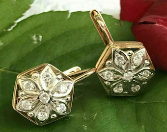 Antique Style Edwardian Floral Latch Back Earrings, Round Cut White Diamond Art Deco Earrings, Two-Tone 935 Argentium Silver 1920's Earrings