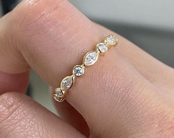 14K Yellow Gold Ring, Marquise & Round Cut Colorless Moissanite Engagement Band, Full Eternity Band, Dot Dash Wedding Band, Bezel Set Ring