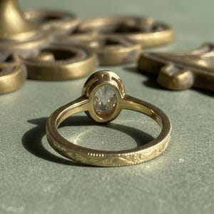 Vintage Art Wedding Band, Oval Lab Grown Diamond Ring, Antique Milgrain Bezel Set Engagement Ring, 14K Yellow Gold Anniversary Ring For Her