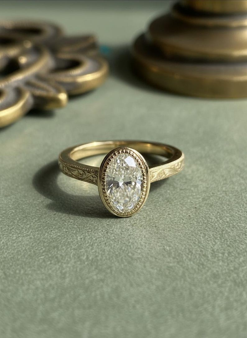 Vintage Art Wedding Band, Oval Lab Grown Diamond Ring, Antique Milgrain Bezel Set Engagement Ring, 14K Yellow Gold Anniversary Ring For Her