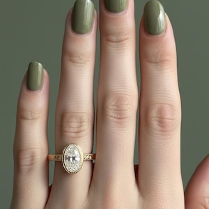 Vintage Art Wedding Band, Oval Lab Grown Diamond Ring, Antique Milgrain Bezel Set Engagement Ring, 14K Yellow Gold Anniversary Ring For Her