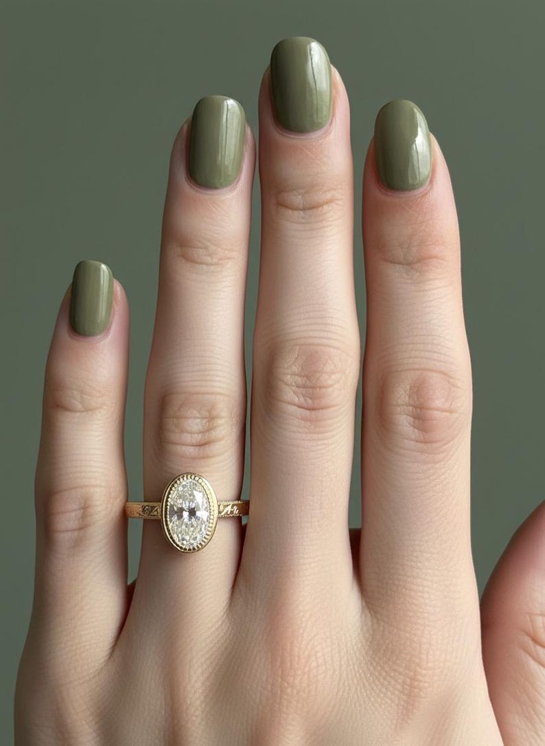 Vintage Art Wedding Band, Oval Lab Grown Diamond Ring, Antique Milgrain Bezel Set Engagement Ring, 14K Yellow Gold Anniversary Ring For Her