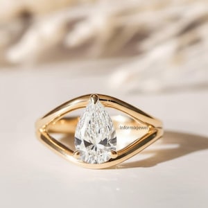 Solitaire Pear Cut Wedding Ring, 2 CT Pear Cut Moissanite Engagement Ring, 14K Solid Yellow Gold Anniversary Ring, Split Shank Unique Ring