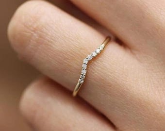 14K Yellow Gold Curved Band, Round Cut Colorless Moissanite Engagement Band, V Shaped Ring, Half Eternity Wedding Band, Nine Stone Ring