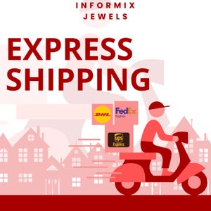 May include: A red scooter with a person riding it, delivering packages. The packages are labeled with the logos of DHL, FedEx Express, and UPS Express. The text "EXPRESS SHIPPING" is in large red letters at the top of the image.