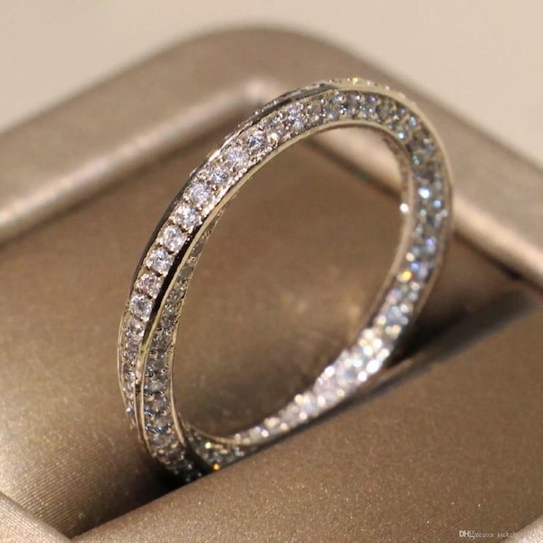 Rope Delicate Moissanite Ring, Round Cut Colorless Moissanite Engagement Band, Twisted Round Wedding Band, Full Eternity Band In 14K Gold