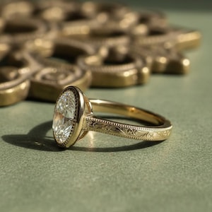 Vintage Art Wedding Band, Oval Lab Grown Diamond Ring, Antique Milgrain Bezel Set Engagement Ring, 14K Yellow Gold Anniversary Ring For Her