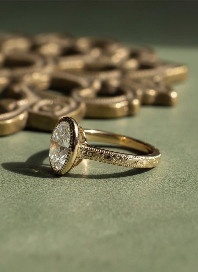 Vintage Art Wedding Band, Oval Lab Grown Diamond Ring, Antique Milgrain Bezel Set Engagement Ring, 14K Yellow Gold Anniversary Ring For Her