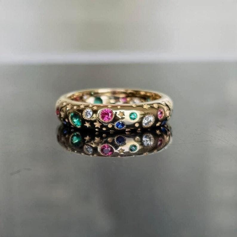 14K Solid Yellow Gold Multi Color Diamond Band, Round Cut Diamond Engagement Band, Full Eternity Band, Flush Setting Stackable Wedding Band