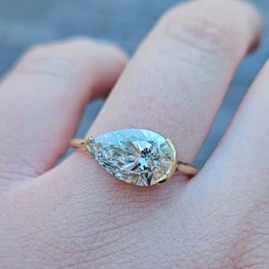 3.5 Carat Pear Cut Colorless Moissanite Engagement Ring, 14K Solid White Gold East To West Wedding Ring, Half Bezel Set Ring, Solitaire Ring