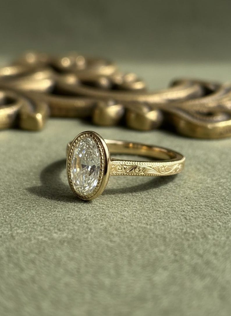 Vintage Art Wedding Band, Oval Lab Grown Diamond Ring, Antique Milgrain Bezel Set Engagement Ring, 14K Yellow Gold Anniversary Ring For Her