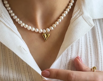 Collar de perlas naturales con colgante de corazón de oro de 18 quilates, pulsera y anillo de perlas, regalo de aniversario para esposa.