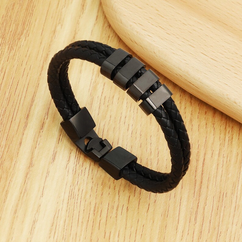 Smooth Black Leather Stainless Steel Braided Personality DIY Bracelet ...
