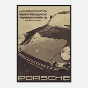 May include: A vintage poster featuring a brown Porsche car with the text "Porsche is a renowned German automobile manufacturer known for producing high-performance sports cars, luxury vehicles, and SUVs. Founded in 1931 by Ferdinand Porsche, the company has a rich history in automotive engineering and design." and "PORSCHE" at the bottom.