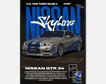 Op de afbeelding: Poster met een zilverkleurige Nissan Skyline GTR 34 met blauwe racestrepen. De poster bevat de tekst "Nissan Skyline" in grote blauwe letters, samen met technische specificaties en de tekst "Nissan GTR 34".
