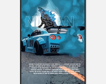 May include: Blue Nissan GT-R R35 "Godzilla" poster. The image features a blue sports car with a Godzilla illustration and the word "NISSAN". The poster includes text describing the car's features and performance.