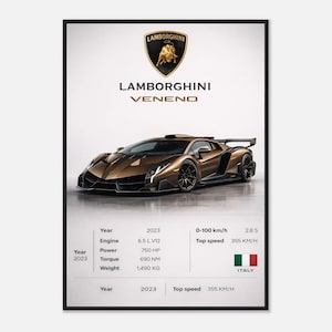 May include: A poster featuring a bronze Lamborghini Veneno sports car. At the top is the Lamborghini logo and text. Below the car, technical specifications are listed: Year 2023, 6.5 L V12 engine, 750 HP, 690 NM torque, 1,490 KG weight, 0-100 km/h in 2.8 S, and 355 KM/H top speed, with an Italian flag icon.