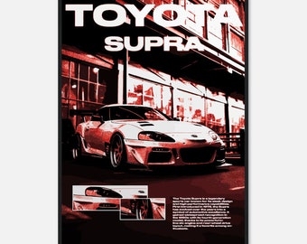 May include: A white Toyota Supra sports car with red accents is parked in front of a red brick building. The car has a black spoiler and black wheels. The text "TOYOTA SUPRA" is displayed in white letters on a black background.