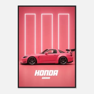 Könnte beinhalten: Ein Poster mit einem rosa Honda S2000 Sportwagen im Profil, ausgestattet mit einem Heckflügel und dunklen Rädern. Der Hintergrund ist eine einfarbige rosa Fläche mit drei vertikalen weißen Neonlicht-Rechtecken. Der Text HONDA S2000 ist in Weiß.