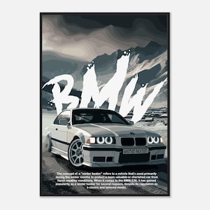 BMW E36 Winter Beater Poster, Classic BMW M3 Mountain Print, German Car Wall Art, Digital Download PNG, Car Fan Garage Decor Gift
