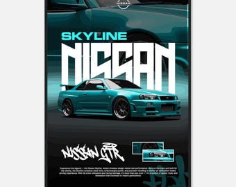 Op de afbeelding: Een turquoise Nissan Skyline poster met het Nissan logo bovenaan. Het woord "SKYLINE" staat in grote, lichtblauwe letters boven het woord "NISSAN" in het wit. Een turquoise auto staat in het midden, met de woorden "NISSAN GTR" in graffiti stijl onderaan.