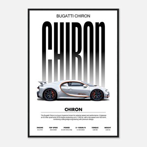 Könnte beinhalten: Ein vertikales Poster mit einem silbernen Bugatti Chiron Hypercar im Profil. Das Wort CHIRON ist oben in großen schwarzen Buchstaben gedruckt. Unter dem Auto sind technische Daten aufgeführt, darunter ein 8,0-Liter-Motor und 1500 PS.