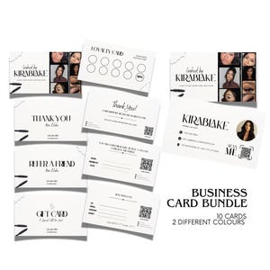 May include: A collection of white business cards with black text and accents. The cards feature the name "KIRABIAKE", images of eyes, and various phrases like "Thank You" and "Refer a Friend". The bundle includes a loyalty card and a gift card.