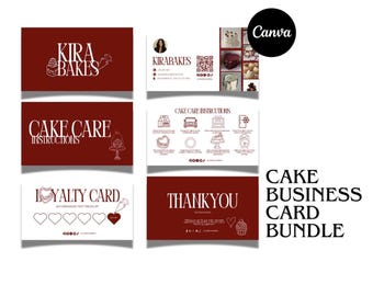 May include: A bundle of cake business cards in burgundy and white. The cards include a business card, cake care instructions, a loyalty card, and a thank you card. The business card features the text "Kira Bakes".