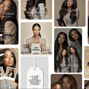 Könnte beinhalten: Eine Collage von Bildern, die Lash-Extension-Schulungen bewerben. Die Bilder zeigen Models mit langen, dunklen Wimpern und Text, der "LuneLash Training", "Accepting new students", "Lash Training", "Classic Lash Extension Training Course", "New Online Course", "Why with" und "Lash Training mvihs" lautet.