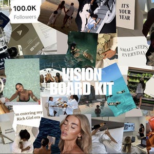 May include: A vision board kit featuring images of a luxurious lifestyle, such as a yacht, money, and a tropical beach. The text "VISION BOARD KIT" is in the centre of the image. The text "IT'S YOUR YEAR" and "SMALL STEPS EVERYDAY" are also visible.