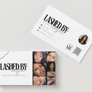 Könnte beinhalten: Visitenkarten mit dem Text "LASHED BY angel". Sie zeigen eine Fotocollage von Wimpernstilen und einen QR-Code. Das Design ist sauber und modern, mit Fokus auf Wimpern-Dienstleistungen.