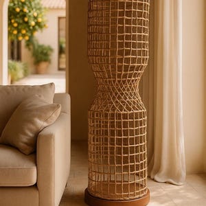 May include: A tall, woven wicker floor lamp with a cylindrical shape and a wooden base. The lamp has a grid-like pattern and a narrow waist. The background includes a beige sofa, a window, and a glimpse of an outdoor area.