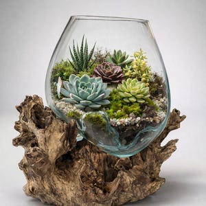 May include: A clear glass terrarium filled with various succulents, moss, and small stones. The terrarium is set on a natural, weathered wood base, creating a unique display. The succulents include shades of green, blue-green, and purple.