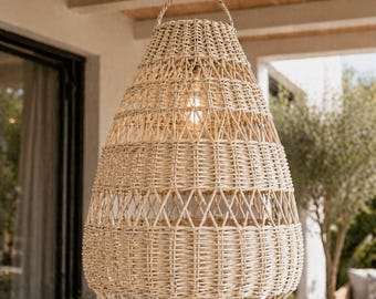 Lampada a sospensione grande in rattan / Plafoniera in stile costiero intrecciato, illuminazione moderna e organica per la sala da pranzo