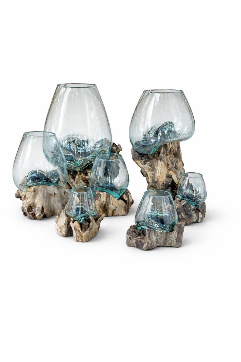 May include: A collection of clear glass vases and bowls, each with a unique shape, resting on natural driftwood bases. The glass has a slight blue tint, and the driftwood is a light brown color. The arrangement includes various sizes, creating a natural, organic aesthetic.