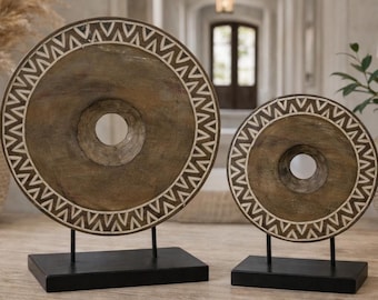 Scultura di maschera tribale in legno intagliata a mano / Decorazione per la casa boho su supporto