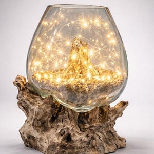 May include: A decorative glass terrarium with warm white fairy lights inside, resting on a natural wood base. The glass vessel is filled with small stones and a piece of driftwood. The overall design creates a warm, inviting ambiance.