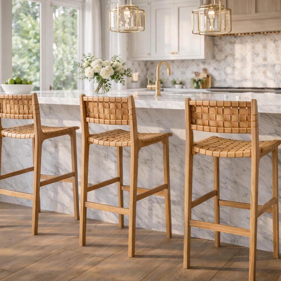 Handwoven Leather Bar Stool, Solid Wood Frame, Minimalist Kitchen