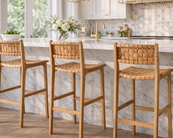 Sgabello da bar in pelle intrecciata a mano, struttura in legno massello, sedia da cucina minimalista