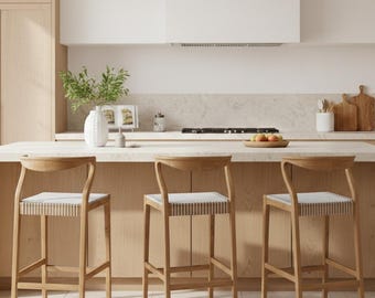 Sgabello da bar in legno di teak con seduta in corda, sedia da cucina naturale intrecciata a mano