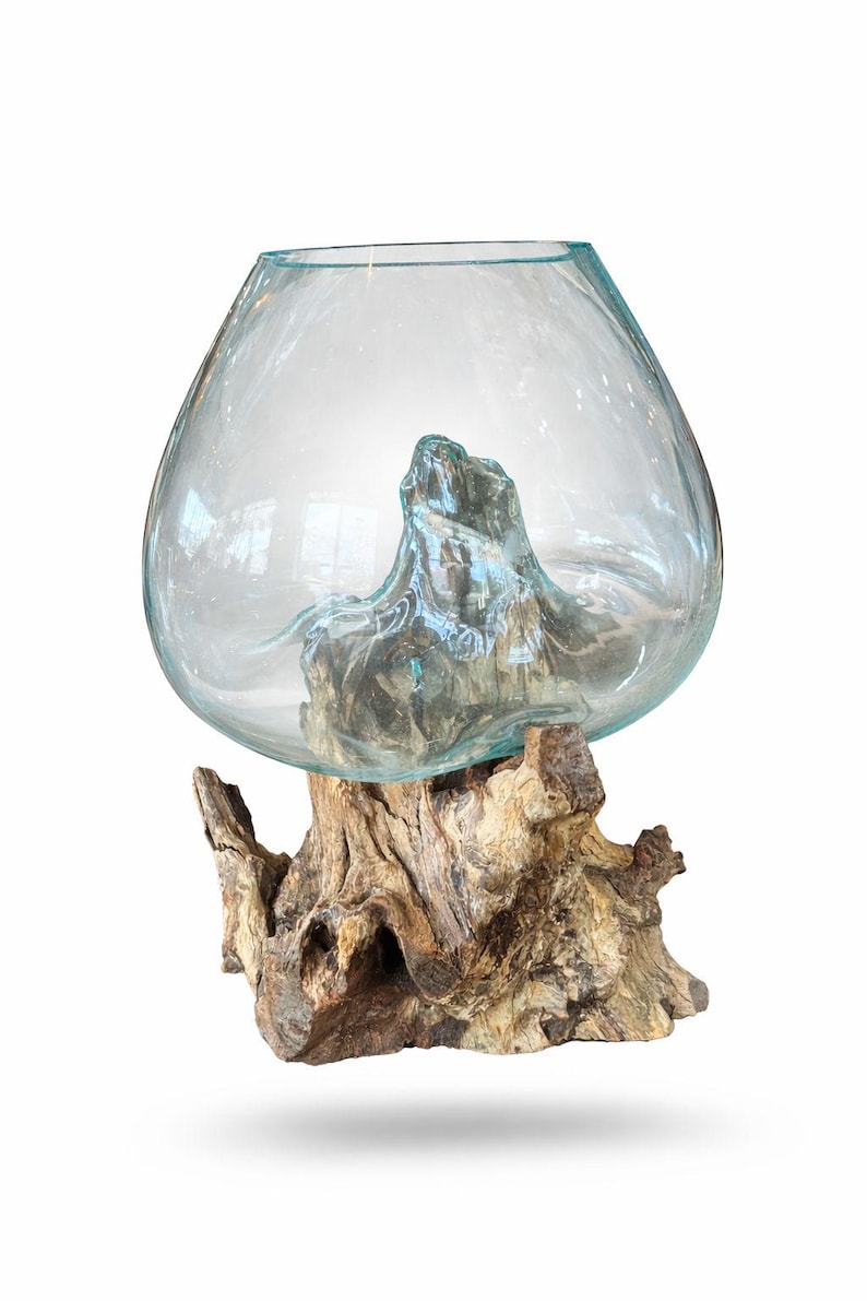 May include: A clear glass bowl with a rounded shape, resting on a natural wood base. The wood base has a rough, textured appearance with various shades of brown and gray. The bowl appears to be empty.