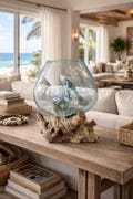 Hand Blown Glass on Driftwood, Organic Coastal Sculpture, Unique Art Object, Terrarium Decor